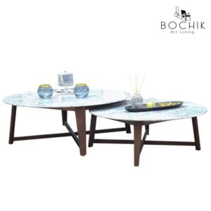 Ensemble de tables basses Vienna avec plateau en marbre blanc Ibiza et piétement en bois hêtre vernis noyer