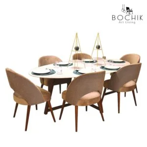 Table à manger VIENNA en marbre beige avec piétement en bois hêtre vernis noyer.