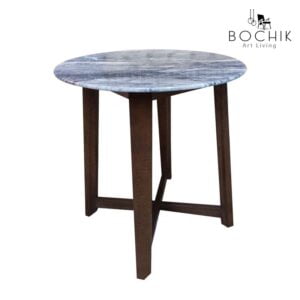 Table d'appoint en marbre blanc Ibiza et piétement en bois hêtre massif vernis noyer