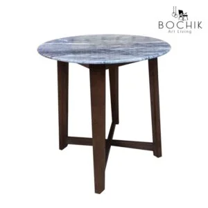Table d'appoint en marbre blanc Ibiza et piétement en bois hêtre massif vernis noyer